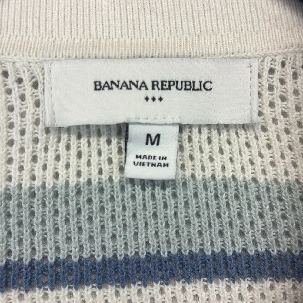 Banana Republic Men’s Medium Knit Polo Shirt Blue Stripe Open Weave Button Up